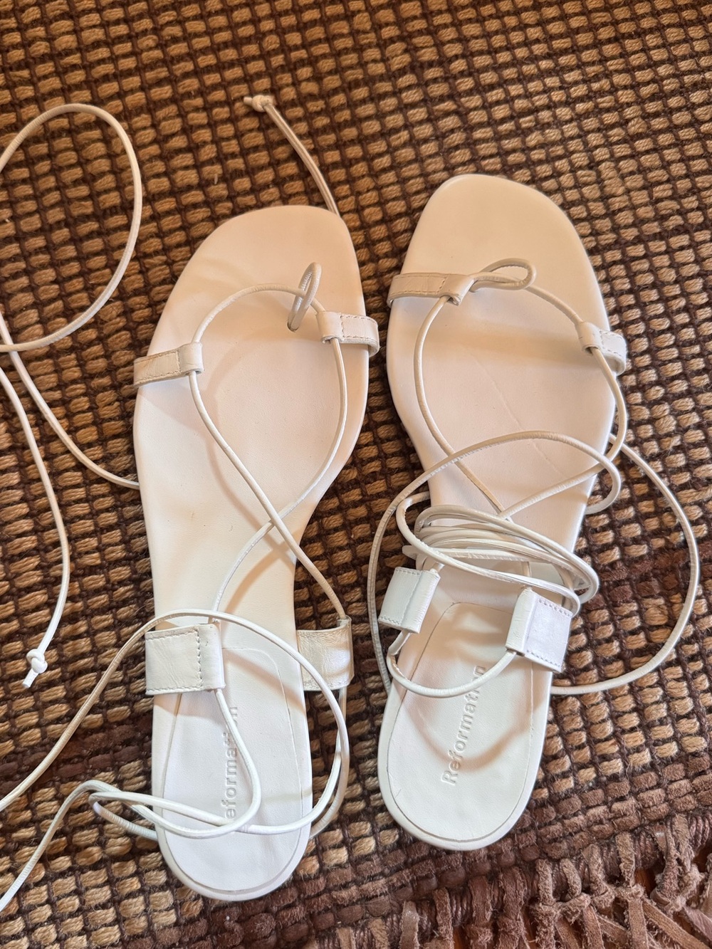 Reformation Cream Lace-Up Square-Toe Sandals